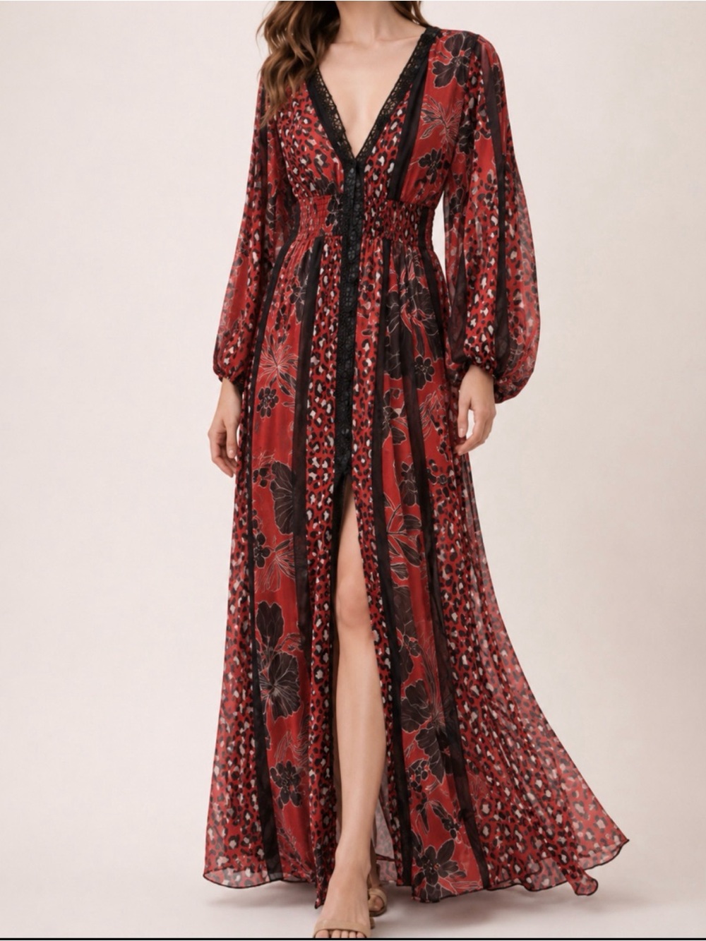 TOV Los Angeles Red Floral Faux Leather Trim Boho Sheer Flowy Sexy Maxi 42 M/L